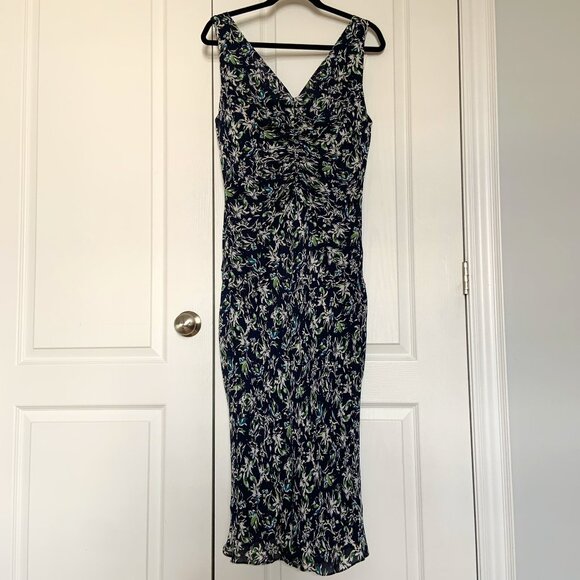 Women's Classiques Entier Silk Floral Ruched Front V Neck Dress Size 12 - Picture 1 of 12